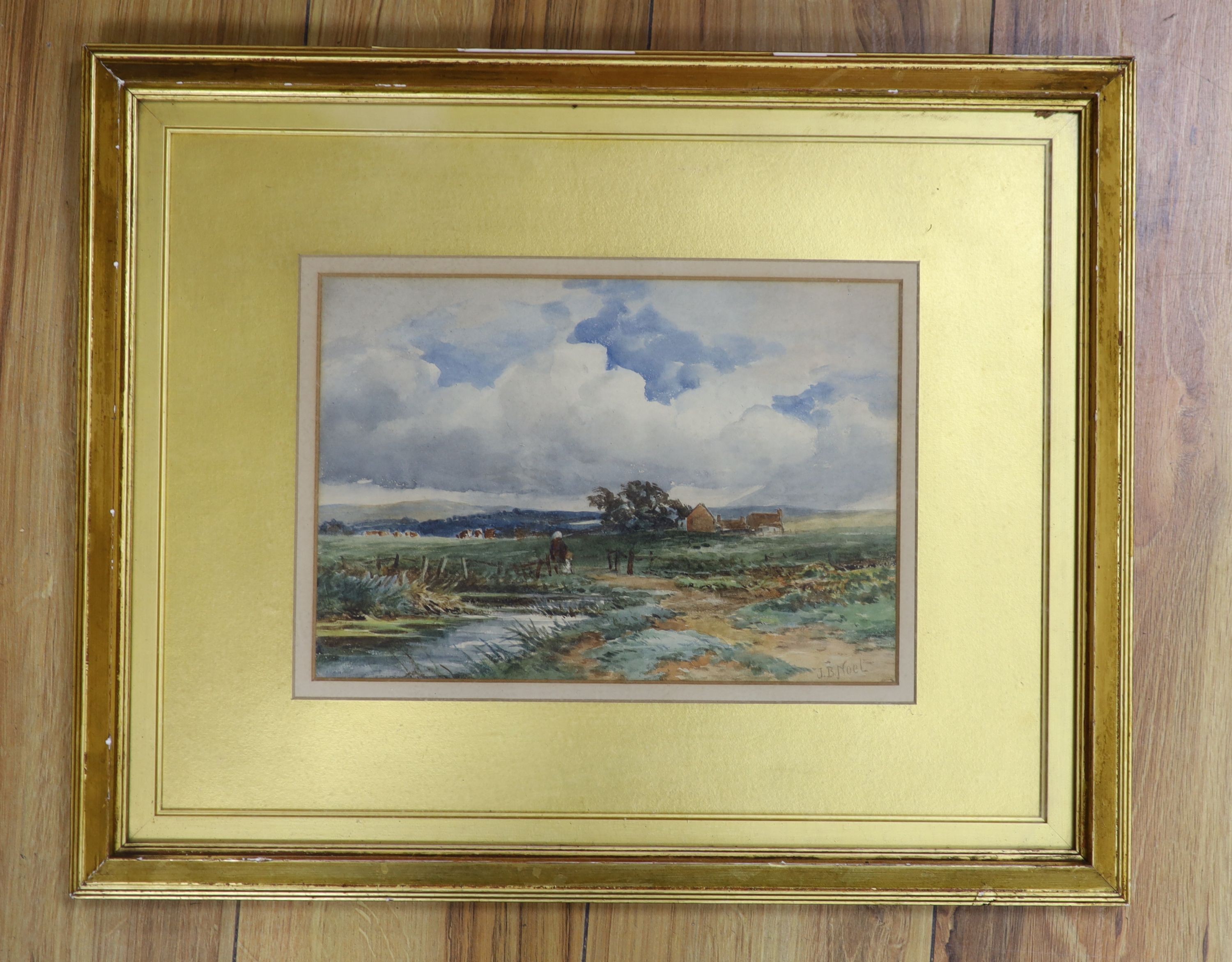 J.B. Noel, watercolour, Landscape with figure and cattle, signed, 18 x 26cm